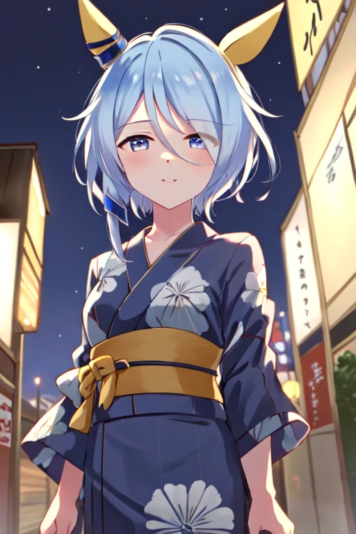 (masterpiece), highly detailed, best quality, (high resolution), 8k, 1girl, solo, k.s.miracle, umamusume, short hair, blue hair, horse ears, horse girl, horse tail, blue eyes, cinematic angle, looking at viewer, outdoor, night, (Japanese dress), (Kimono), (Yukata), gentle smile, eyes visible through hair, hair over left eye