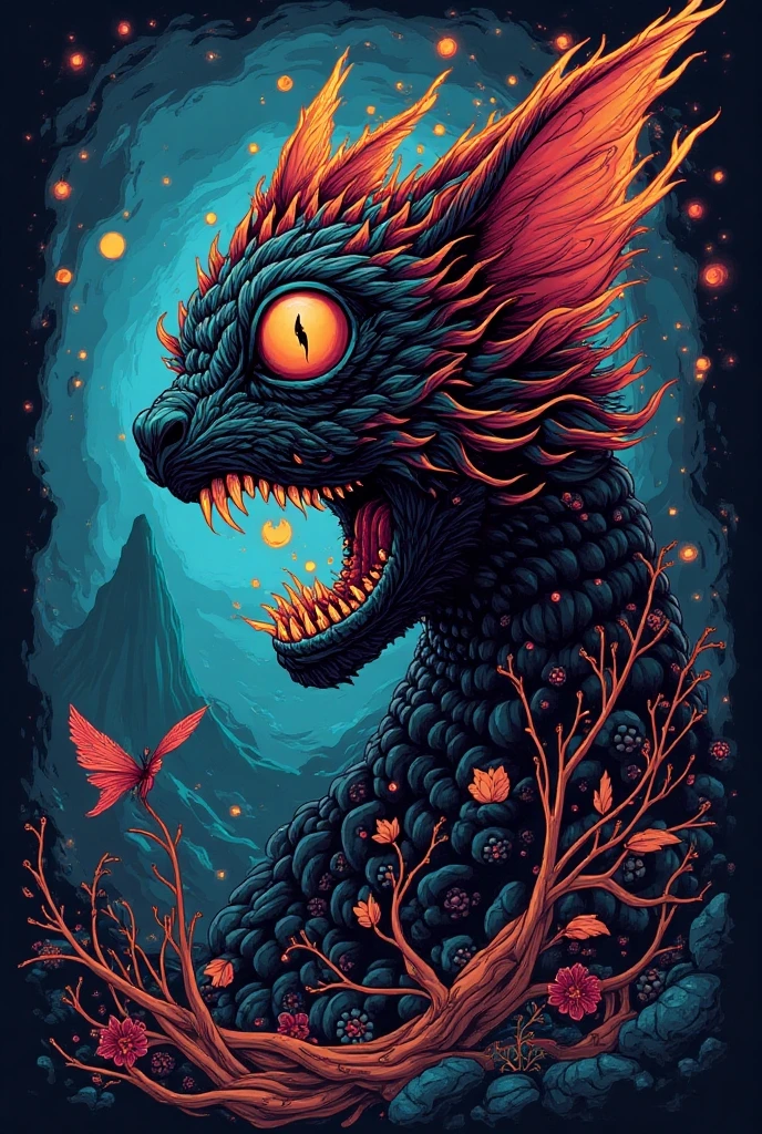 psicodelic, imagem vetorial, dragon, anjo, tigre, anime, isolado, fundo preto, futuristic 3D illustration