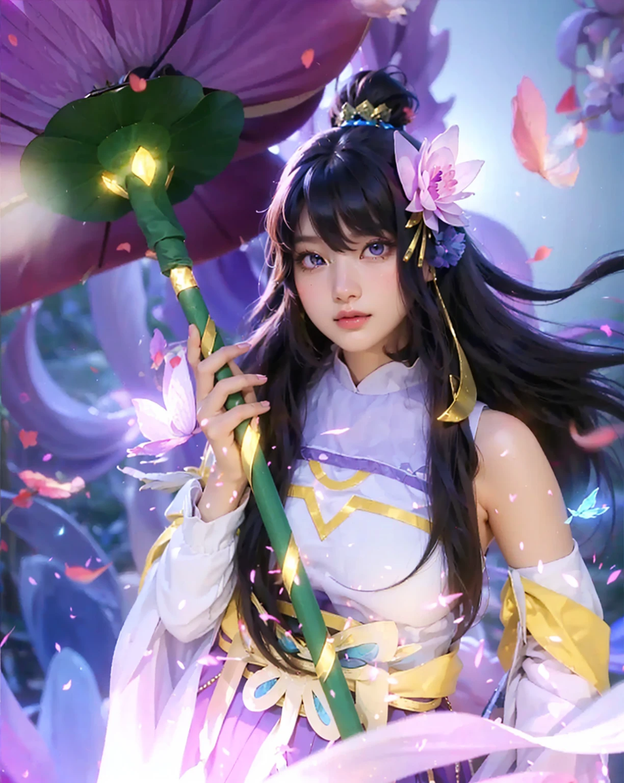 ( KAGURA SKIN STARLIGHT YEAR (WATER LILY)_MOBILE LEGEND GANG BANG),((realistic, photorealistic)),(highlight hair)), Light reflection, (( HD )),((upper body)), (((best quality, masterpiece))), (masterpiece) (best quality) (detail) (8k) (HDR) (wallpaper) (cinematic lighting) (sharp focuasterpiece, best quality: 1.1), Real life adaption of this character, Asian teen beauty face, Shining Purple eyes, realistic outfit, realistic shadow, realistic light, realism, hyper realistic, realistic background,(photorealistic:1.2), 1girls,Flying hair, transparent butterfly, Lily flower umbrella, blur background, accessories, glow effect,Flying scarf, motion blur,Cherry blossoms flying, light particles,