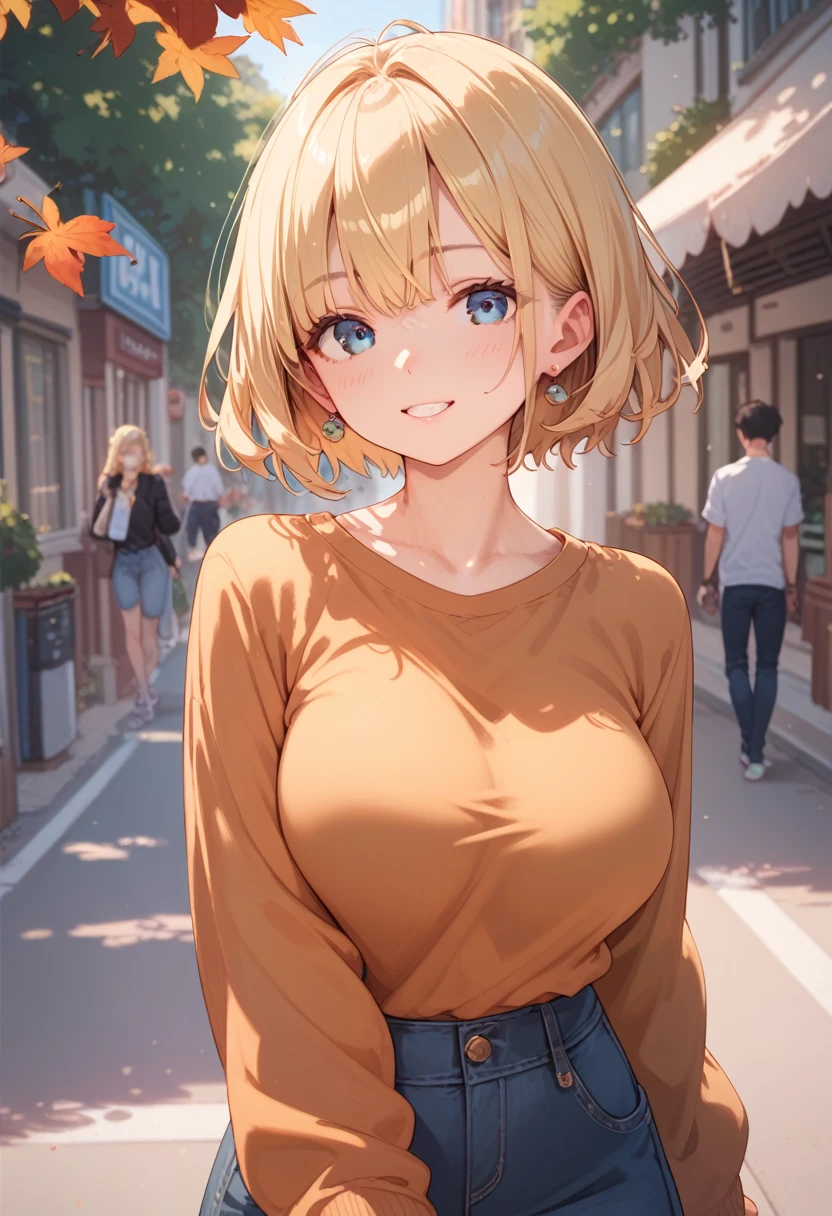 (Best Quality),  Female Adult, Large Breasts, Blonde,  short hair, Kind Face, If you look at this,  High Resolution ,  walking around the city, autumn, Day off ,  casual attire, Wearing knitwear, Long sleeve clothes,  upper body