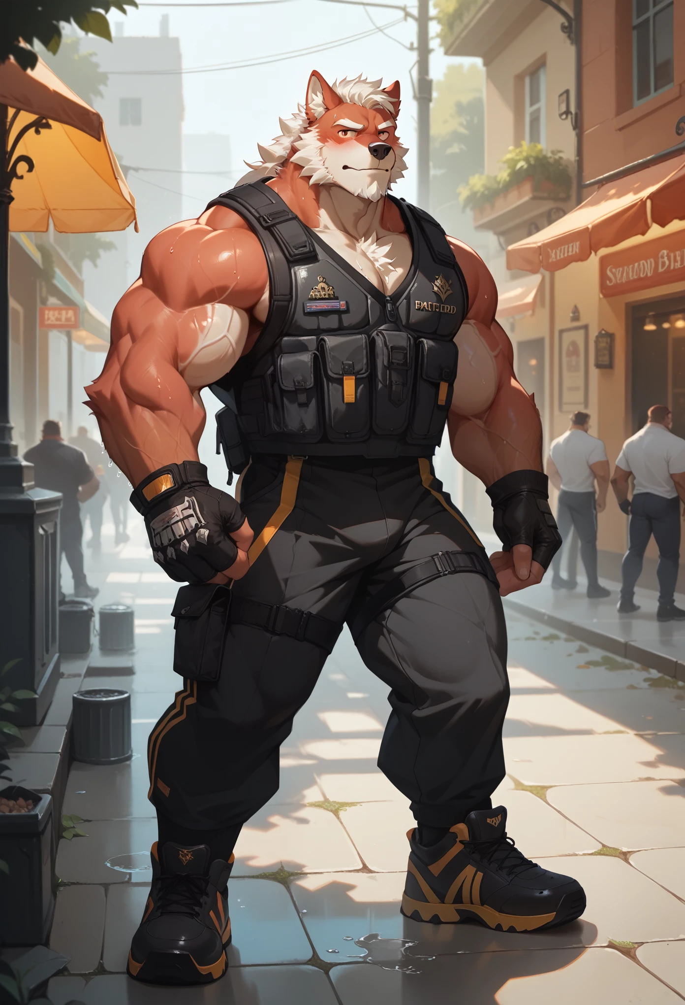 Best quality, masterpiece,ultra high res,detailed background,realistic, real shadow and light,depth of field, looking at the viewer, strong arm and veins, Close up, there is a male Gray wolf, there are standing at sidewalk, commission for high res, bare chest, anthropomorphic, muscular chest, highly detailed full body, strong and imposing, detailed full body, muscular character, extra detailed body, macho pose, body detailed, (looking form beside), wet body, sweaty, beard, bulletproof vest, huge crotch, body hair, red face, blushes up, standing at sidewalk, bare chest, older, elder, beard, erection, erection under his pants, embarrassed, black gloves, close up.