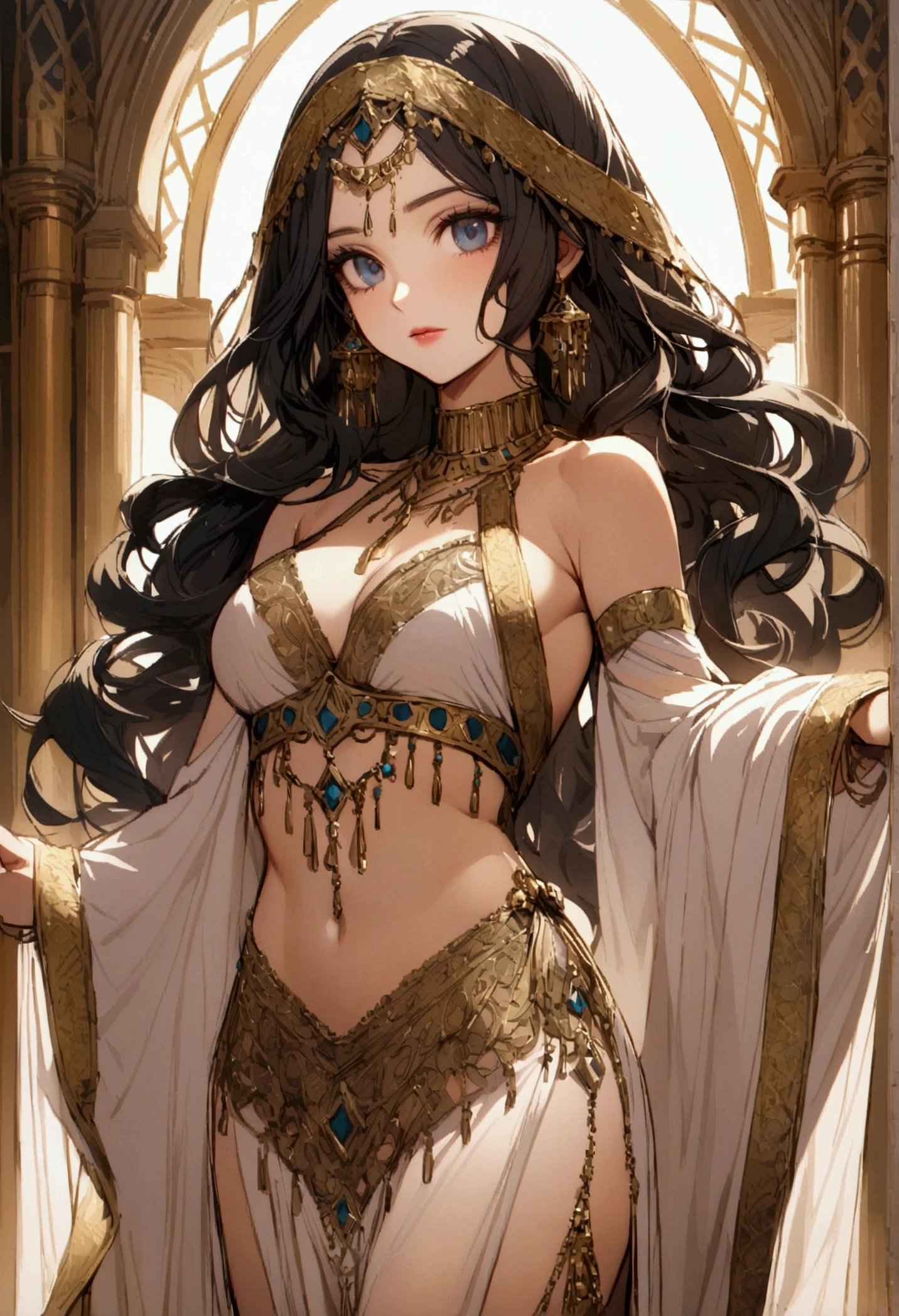 masterpiece, best quality, 1woman, adult, female focus, solo, brown hair, yellow eyes, long hair, looking at viewer, closed mouth, Fantasy aesthetics, Highly detailed, shadowverse style, dancer attire, belly button reveal attire, black attire, veil, egyptian aesthetic, lot of jewelry, belly jewelry, big breast, thick