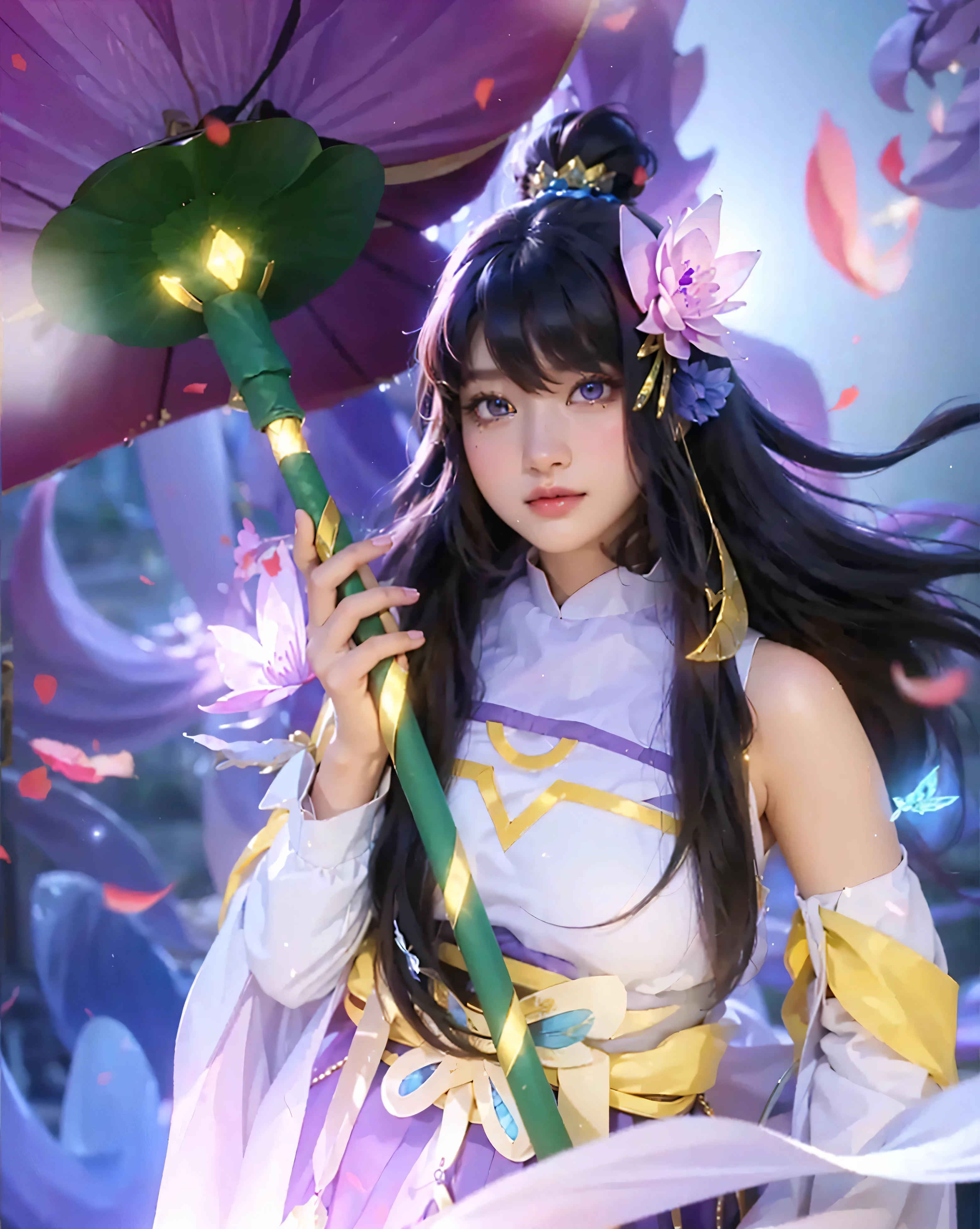 ( KAGURA SKIN STARLIGHT YEAR (WATER LILY)_MOBILE LEGEND GANG BANG),((realistic, photorealistic)),(highlight hair)), Light reflection, (( HD )),((upper body)), (((best quality, masterpiece))), (masterpiece) (best quality) (detail) (8k) (HDR) (wallpaper) (cinematic lighting) (sharp focuasterpiece, best quality: 1.1), Real life adaption of this character, Asian teen beauty face, Shining Purple eyes, realistic outfit, realistic shadow, realistic light, realism, hyper realistic, realistic background,(photorealistic:1.2), 1girls,Flying hair, transparent butterfly, Lily flower umbrella, blur background, accessories, glow effect,Flying scarf, motion blur,Cherry blossoms flying, light particles,