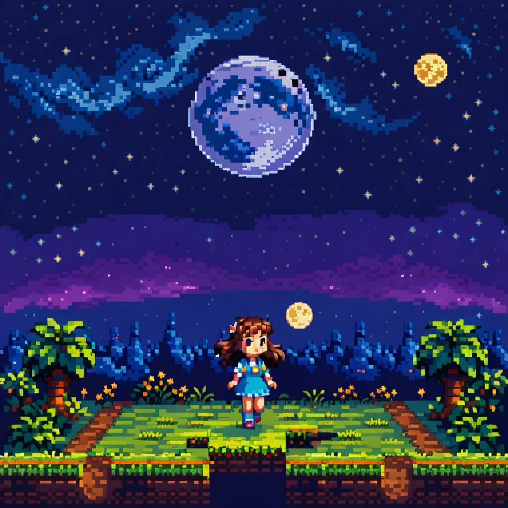 ((masterpiece)), ((best quality)), 8k, high detailed, ultra-detailed, 2D pixel art of a dreamy retro 8-bit game world, side-scrolling view, a small chibi girl with two-head height walking on the ground in the center, showing ground cross-section, a large glowing full moon in the night sky, previous characters fading away in the background, light from the moon softly illuminating the scene, stars twinkling, surreal and dreamy vibe, inspired by SNES game style, calm atmosphere.