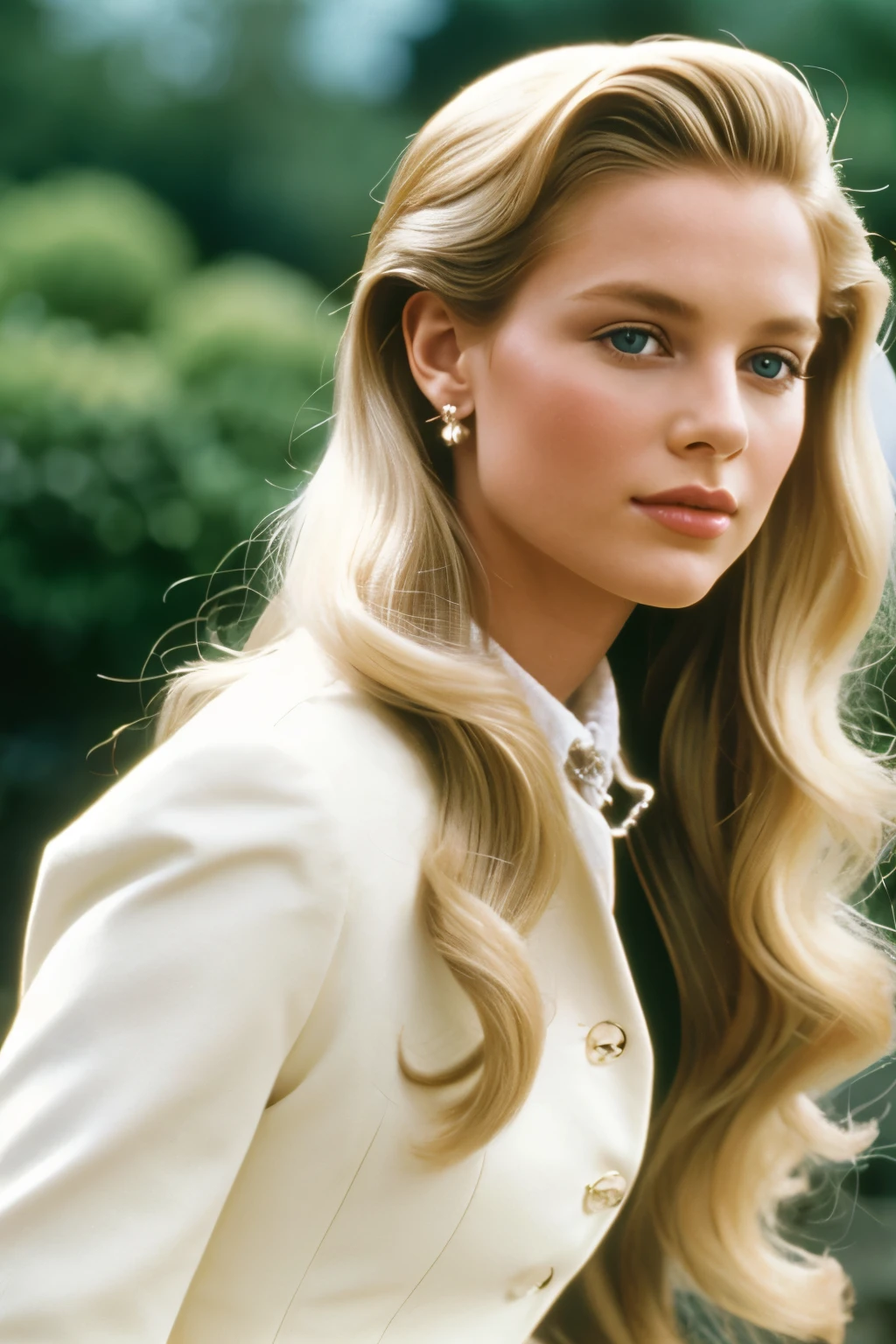 Film still, 1991 british royalty style, wavy blowout Long Blonde Hair, 1girl, dior