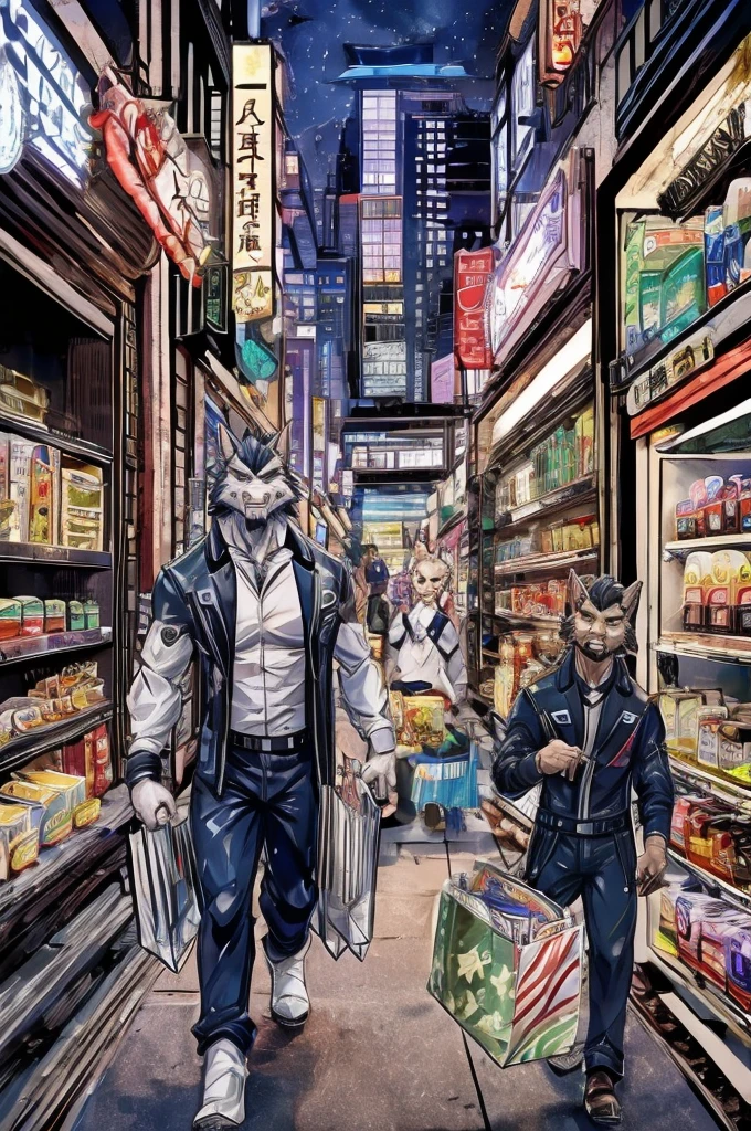  drawing cartoons on textures 、 sci-fi comics、Japanese Manga、 Comical werewolf、Werewolves shopping for meat in a futuristic city、The store clerk is also a werewolf.、