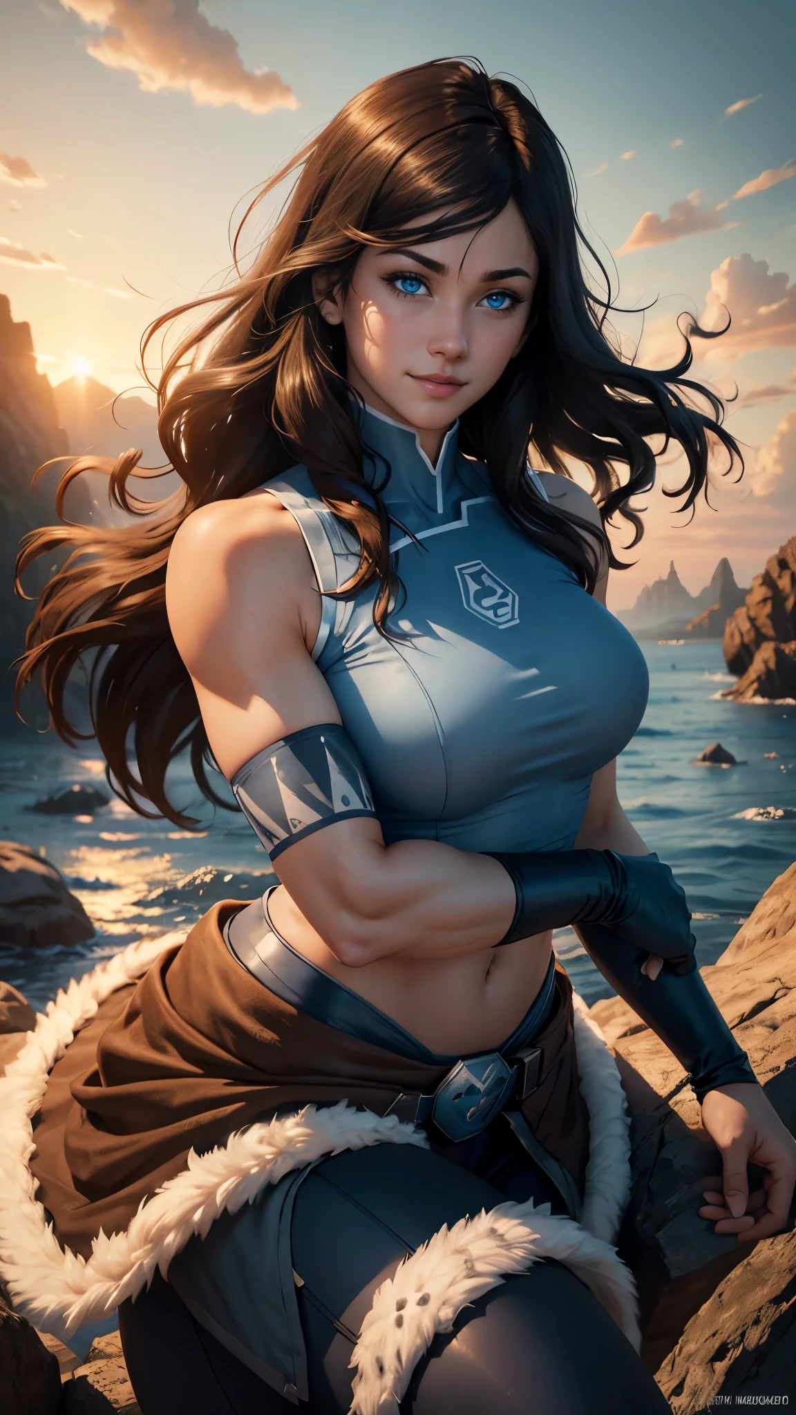 Korra da avatar,(best quality, 4K,8k,high resolution,work of art:1.2)(weather: sunrise), earth kingdom background, Ba Sing Se, wide hips, long curly hair, brown hair, freckles, sleeveless top, fur belt, leggings, fur boots, elbow long gloves, light makeup, dark eyeshadow, blush, flirting pose, ultra detailed,portrait,realistic,beautiful detailed blue eyes, beautiful detailed lips,extremely detailed eye and face, long eyelashes,average, large breasts,flying hair,beaming smile, sexy smile, powerful girl, bright coloured, dramatic lighting, rocks floating,