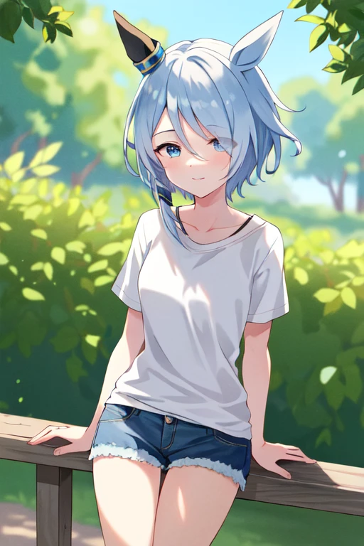 (masterpiece), highly detailed, best quality, (high resolution), 8k, 1girl, solo, k.s.miracle, umamusume, short hair, blue hair, horse ears, horse girl, horse tail, blue eyes, cinematic angle, looking at viewer, outdoor, denim shorts, white T-shirt, (s:1.3), (), (immature), low height, gentle smile, eyes visible through hair, hair over left eye