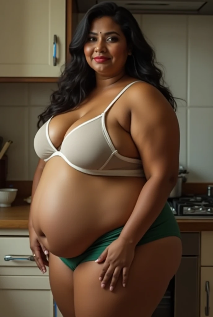 Pov when Cardi B's curvy stepmom l and wearing a plus size bra who is heavily pregnant finishes a lot of food and takes some snacks from your home refrigerator, iphone camera style. 8k hd, realface, cinematic, fish eye camera view
