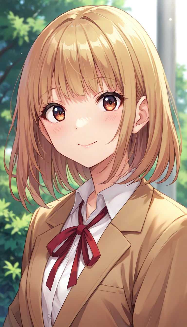 (masterpiece,best quality, detailed), 1girl, solo, outdoors, evening, upper body, smile, closed mouth, squinting, eyelashes,
midorikawa hana, brown jacket, neck ribbon, collared shirt, school uniform, standing, pee,