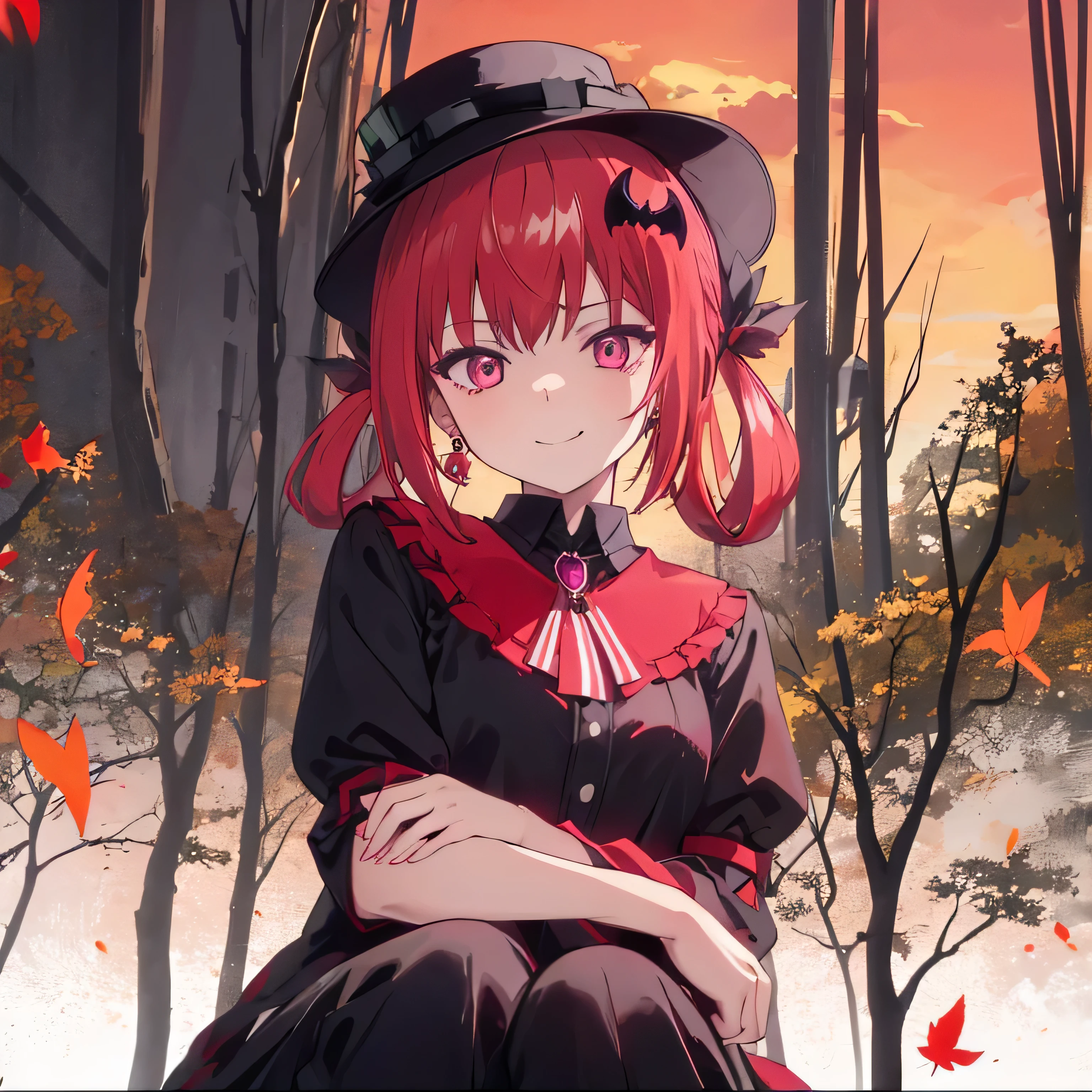 forest full of fallen leaves and a lake 

Satanichia McDowell showing off her cute smile pretty hat
Gothic dress in black and white clothes
While seated 

Beautiful sunset
magenta eyes red hair tied a pretty ponytail earrings in their ears and 
a nice accessory around your neck 
Lonely girl
detailed arms and hands 
