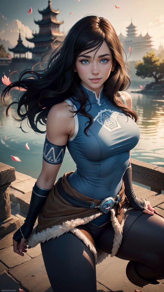 Korra da avatar,(best quality, 4K,8k,high resolution,work of art:1.2)(weather: windy), Chinese castle background, Chinese garden, wide hips, long curly hair, brown hair, freckles, sleeveless top, fur belt, leggings, fur boots, elbow long gloves, light makeup, dark eyeshadow, blush, sexy pose, ultra detailed,portrait,realistic,beautiful detailed blue eyes, beautiful detailed lips,extremely detailed eye and face, long eyelashes,average, large breasts,flying hair,beaming smile, sexy smile, powerful girl, bright coloured, dramatic lighting, petals flying,