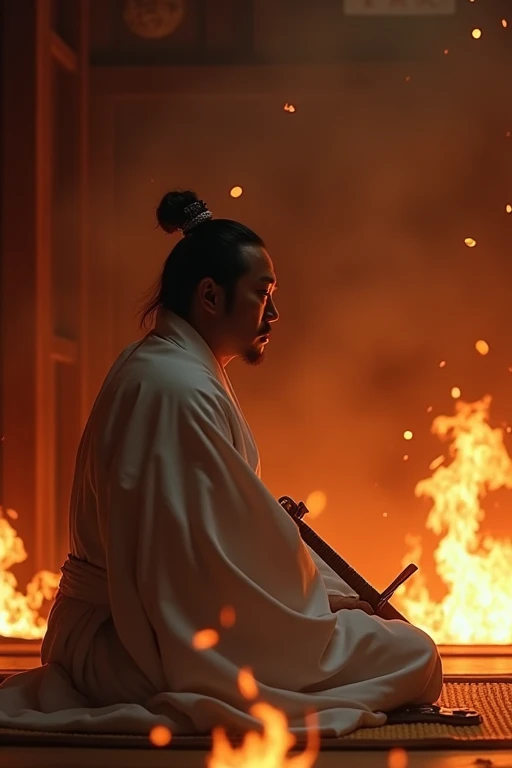  Oda Nobunaga in Fire、The Honnoji Incident、Shouting to God 、Seppuku、White robes、Inside the burning temple、Close-up on face:1.5、dim、Lonely、 sits seated on tatami mat、profile、Impressive 、 The samurai who solved the sword 、 modern version Oda Nobunaga 、Eyes are close 、Sharp-eyed、Shout to heaven 、 hold one sword with both hands and hit the blade in the stomach、shouting, live-action