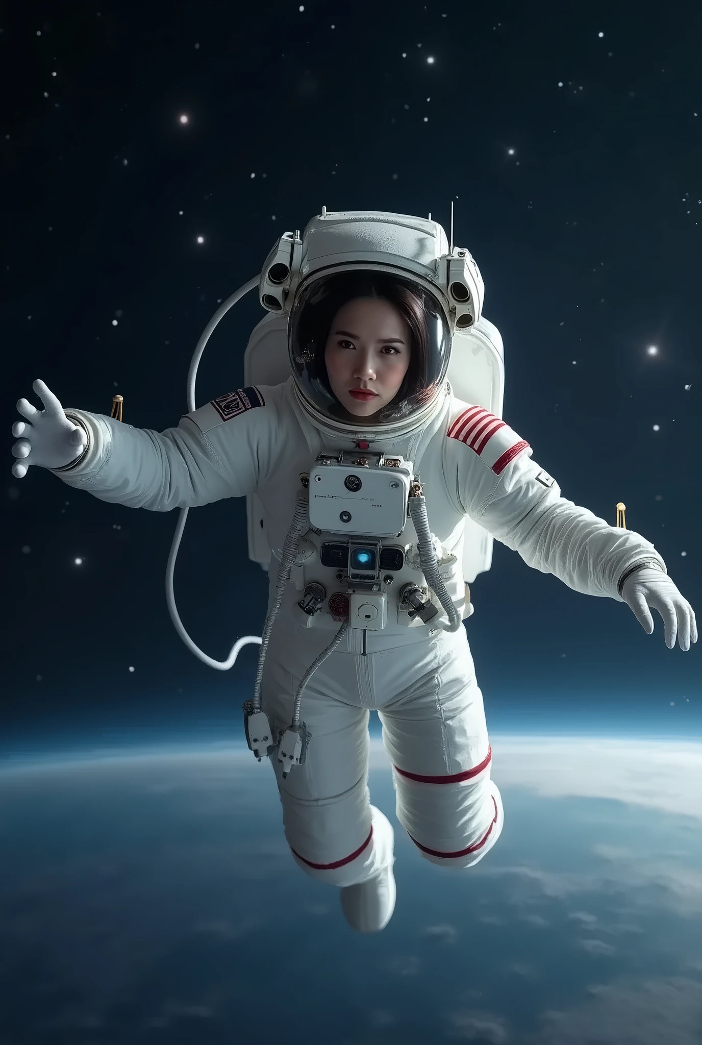 1girl, (photographic:1.3), (RAW photo:1.3), (ultra wide lens:1.3), (far shot:1.3), (selfie shot:1.3), ((AudreyHepburn)), (an astronaut taking selfie floating on space:1.4), soldier, spacesuit, rifle, fighting, war, battle, (helmet on:1.3), (infinite space behind her:1.3), (no gravity:1.1), soft lighting, film grain, Fujifilm XT3, dslr, masterpiece, best quality, realistic, high-quality, realistic works, ultra-high details, 8k uhd, real skin materials, <lora:add_detail:1>, <lora:LowRA:0.5>, astra militarum, imperial guard, wh40k, <lyco:whsororitas_v4:.3>, <lyco:ww1ger_v0.1:.7>, grey spacesuit, armor, detailed eyes, sharp focus, <lyco:Saint Celestine MK1 by CARAXES:.5>