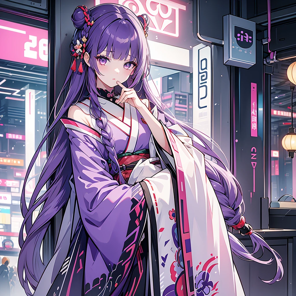 detailed clothes, white clothes, blunt bangs, braid, (breasts:1.1), cleavage, wide-sleeved kimono, hair ornament, white japanese clothes, (red obi:1.4), (purple hair:1.4), very long hair, straight hair, detailed face, cool face, (smooth chin:0.85), closed mouth, long eyelashes, sharp eyes, looking at viewer, beautiful eyes, detailed eyes, thick eyebrows, red eyeshadow, symmetry eyes, (ulzzang-6500:0.7), skirt, (from below:1.1), (cyberpunk city:1.4), from side, (rooftop:1.5), (star \(sky\):1.3), photon mapping, physically-based rendering, RAW photo, highly detailed background, high res, perspective,<lora:raidenShogunRealistic_raidenshogun:0.6>,<lora:Moxin_10:0.6>