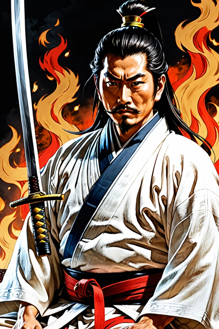  Oda Nobunaga in Fire、The Honnoji Incident、Shouting to God 、Seppuku、White robes、Inside the burning temple、Close-up on face:1.5、dim、Lonely、 sits seated on tatami mat、profile、Impressive 、 The samurai who solved the sword 、 modern version Oda Nobunaga 、Eyes are close 、Sharp-eyed、Shout to heaven 、 hold one sword with both hands and hit the blade in the stomach、shouting、live-action