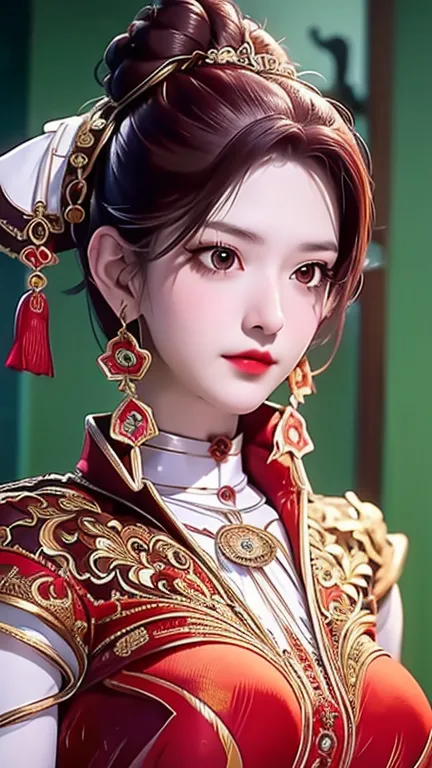 a close up of a young girl in a red and gold dress, a picture inspired by guo xi, trending on cg society, cloisonnism, palace ， ...