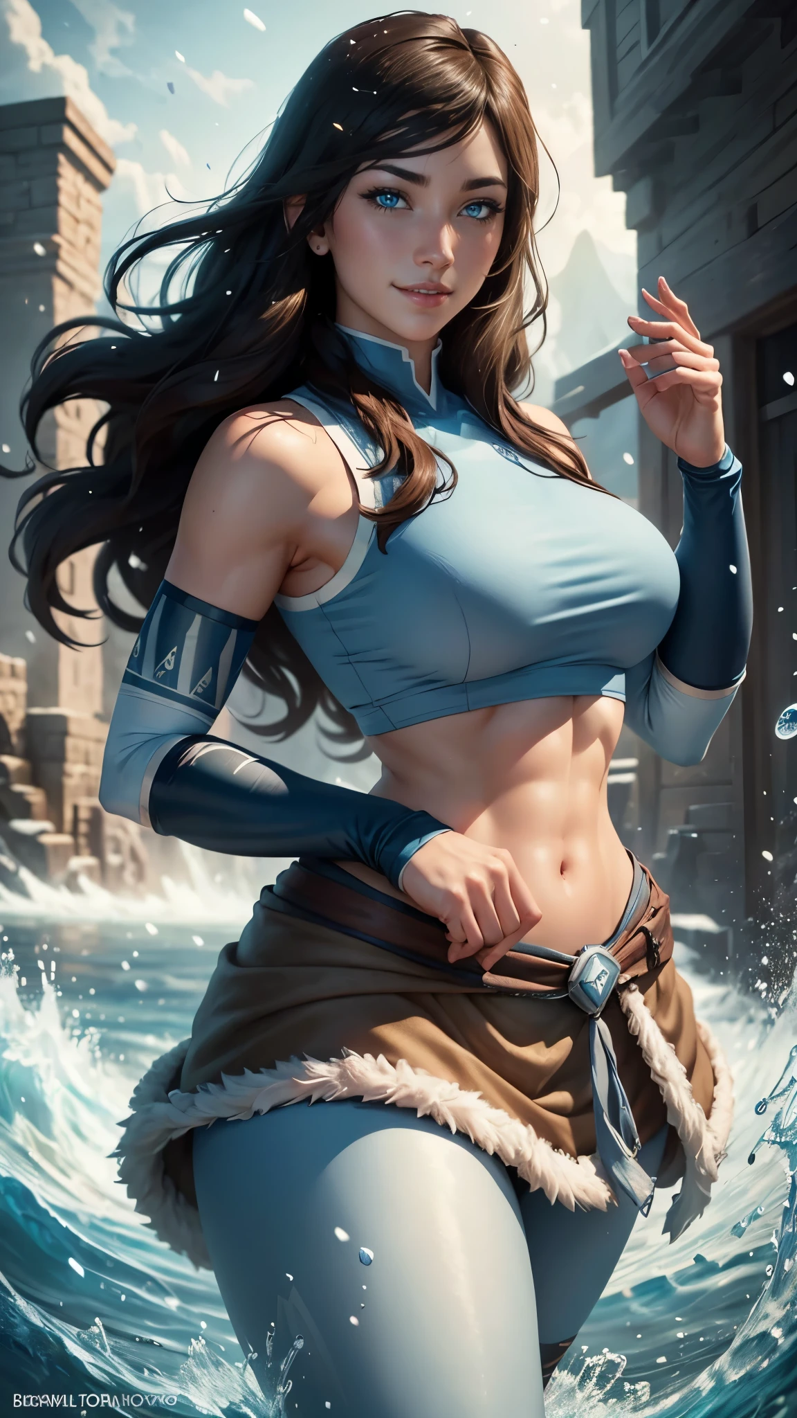 Korra da avatar,(best quality, 4K,8k,high resolution,work of art:1.2)(weather: snowing), tundra background, artoc village, wide hips, long curly hair, brown hair, freckles, sleeveless top, fur belt, leggings, fur boots, elbow long gloves, light makeup, dark eyeshadow, blush, sexy pose, ultra detailed,portrait,realistic,beautiful detailed blue eyes, beautiful detailed lips,extremely detailed eye and face, long eyelashes,average, large breasts,flying hair,beaming smile, sexy smile, powerful girl, bright coloured, dramatic lighting, water bending,