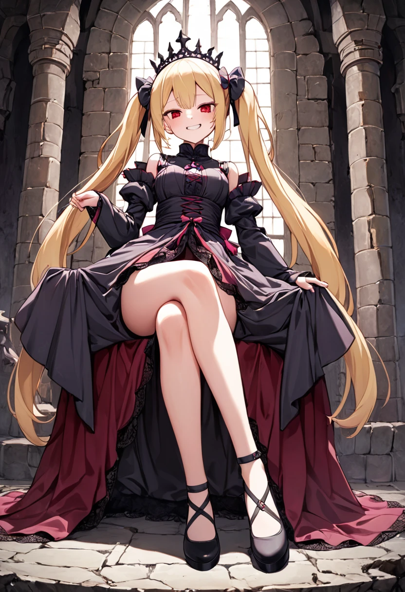 A girl dressed in **Jiraikei** fashion sits atop a grand, medieval bed in a dimly lit, ominous castle. Her legs are crossed confidently, and she wears a dark lace dress adorned with pastel pink accents. Her blonde twin tails tied with black ribbons gently fall over her shoulders as she looks down at the viewer with a smug, superior expression, her red eyes glowing in the gloom. The bed is ornately carved from dark wood, with velvet drapes framing it. The stone walls of the castle are adorned with faded tapestries, and the distant sound of thunder echoes through the grand hall. Shadows twist and dance across the room, giving an overwhelming sense of dread. This **full body, wide shot** captures the full scene of her relaxed posture against the backdrop of a decaying yet majestic medieval setting. **Jiraikei, full body, wide shot, dark medieval castle, foreboding atmosphere, crossed legs**.