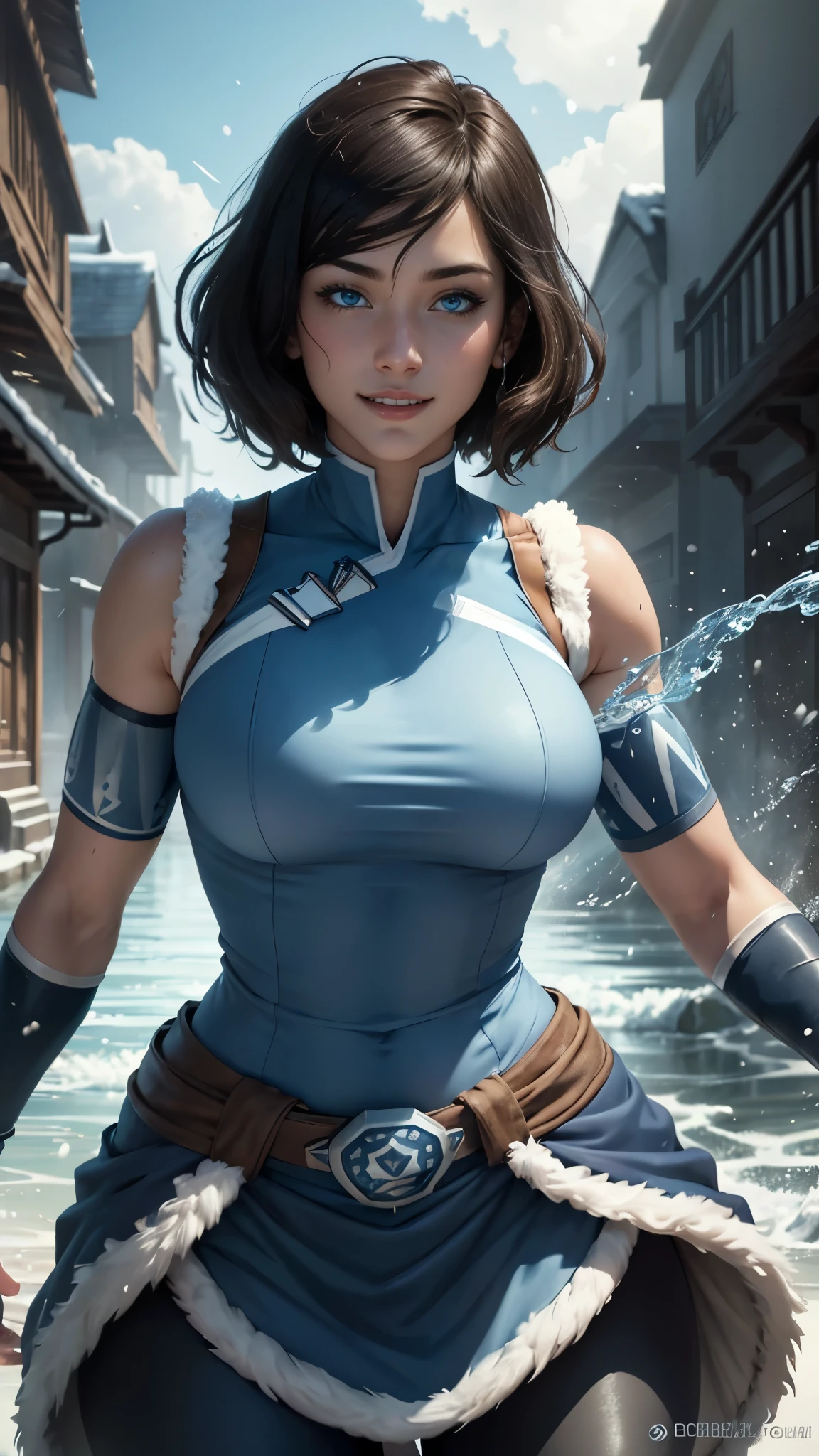 Korra da avatar,(best quality, 4K,8k,high resolution,work of art:1.2)(weather: snowing), tundra background, artoc village, wide hips, short curly hair, brown hair, freckles, sleeveless top, fur belt, leggings, fur boots, elbow long gloves, light makeup, dark eyeshadow, blush, sexy pose, glowing eyes, ultra detailed,portrait,realistic,beautiful detailed blue eyes, beautiful detailed lips,extremely detailed eye and face, long eyelashes,average, large breasts,flying hair,beaming smile, sexy smile, powerful girl, bright coloured, dramatic lighting, water bending,