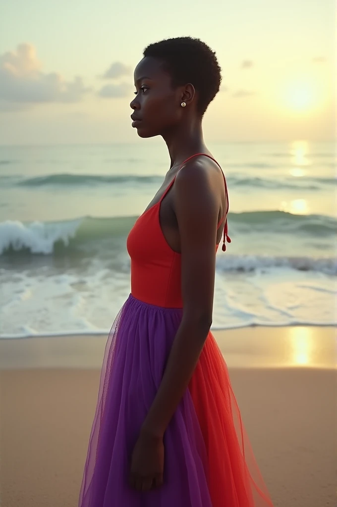 femme africaine ,les cheveux court le regard vers nous ,marche pied nu sur une plage