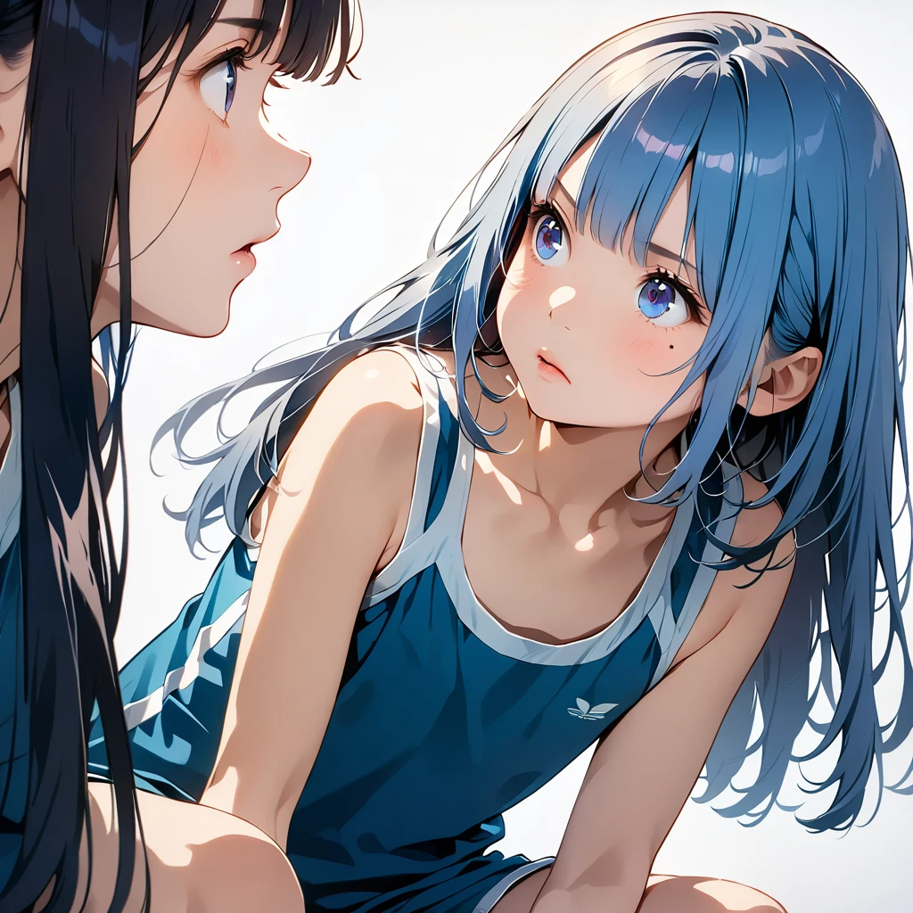 {{masterpiece, best quality, high resolution, perfect anotomy, super fine illustration:1.5, extremely detailed CG, 8k}}, white background,

 1 girl, squating, dynamic pose, looking away, from front,

14_yo, japanese girl, indigo blue hair, long hair, straight hair:1.2, hime cut, silky hair, detailed beautiful hair, wearing school swim suit, knee-high socks, detailed beautiful face and beautiful eyes, ideal ratio face, oval face, rosy cheeks, navy eyes, long eyelashes, lower_eyelashes, no glasses, (no makeup), mole under left eye, wide-set eyebrows, thick lips, ideal ratio body proportions:1.2, 7 heads tall, flat chest, clear skin,