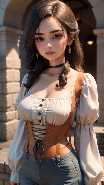  masterpiece,  The best quality , 3d rendering work  ,3dmm style,close up, 3D,1 girl, Alone,  black hair, realistic, upper body,  Fantasy castle background ,  half-open lips , choker, make up, (medium perky breasts) realistic natural breasts,  cleavage , garnet, arrange,  orange tight pants, orange suspenders ,  white shirt with ruffles 