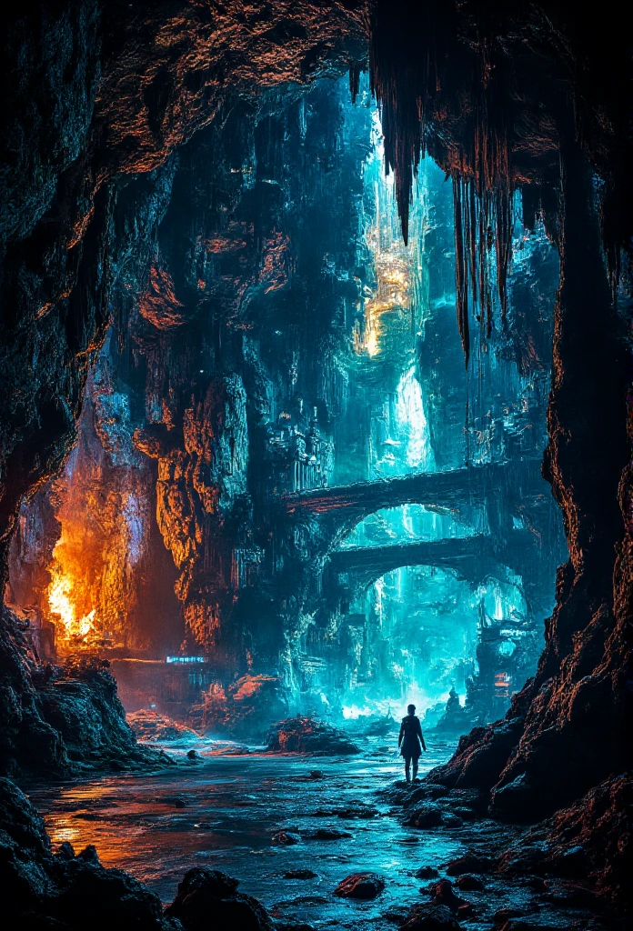 Cinematic view of Agartha, a secret underground futuristic Metropolis, set a massive cavernous space,  Neon Graffiti, Pixel Art, Inverted Colors, Negative, Luminescence, RGB Lighting, Low Angle, DLSR, Orange Color, Teal Color, Prism Effect, Ceramic, Supernatural, By Garald Brom,