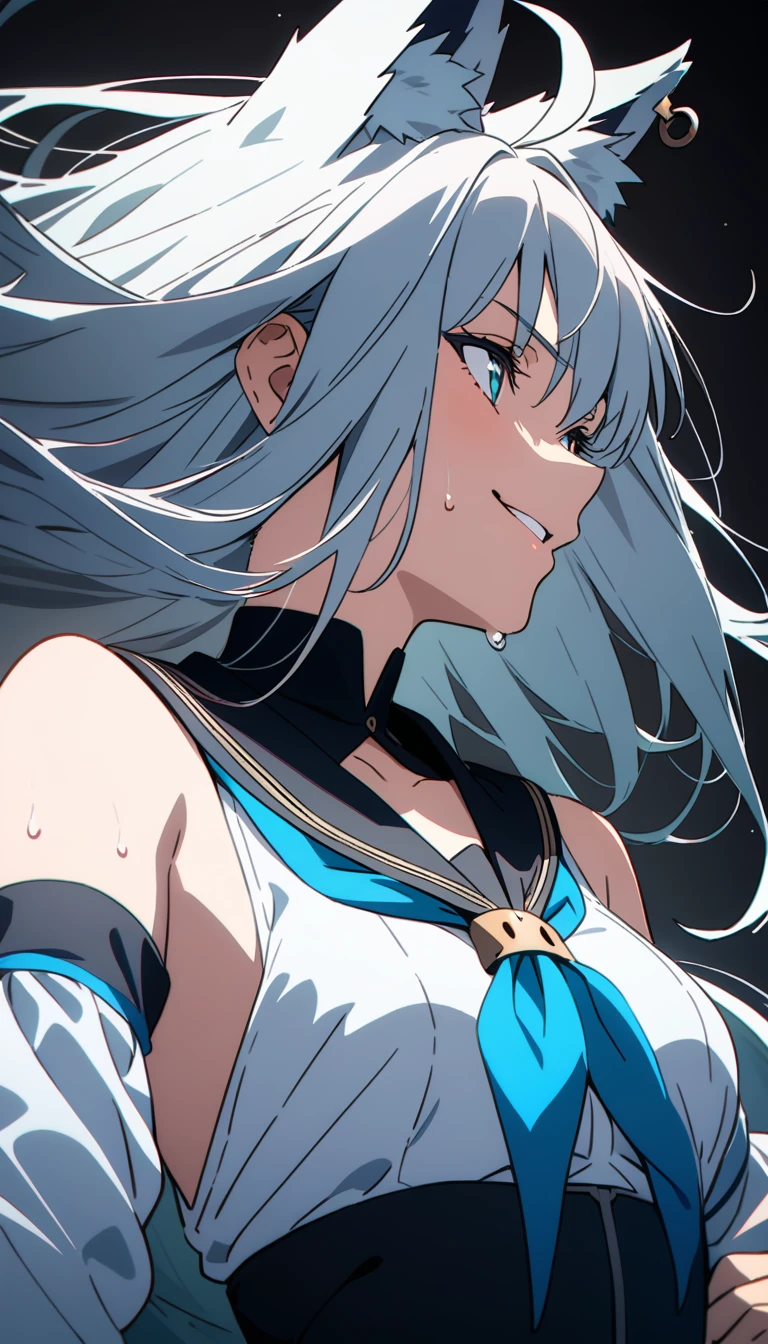 (masterpiece:1.2), hyper detail, best quality, (intricate_details:1.1), beautiful detailed, beautiful hair, solo, 1girl,Pupil details,Pupil details,ANIME COLORING,FUBUKI_BASE, WHITE BLOUSE, DETACHED SLEEVES,BLUE NECKERCHIEF,WHITE HAIR, SINGLE SIDE BRAID, AHOGE, PIERCING,fox ears, FOX TAIL,((upper body)),simple background,white background,sweating,greasy shoulder,from below,flipped hair,armpit,greasy armpit,shoulder focus,((armpit focus)),bare shoulder,upper body,((greasy armpit)),((smooth armpit)),((Detailed armpit)),((elastic armpit)),((soft armpit)),pov,((one hand flipping hair)),blush,heavy breathing,owo,evil smile,open mouth