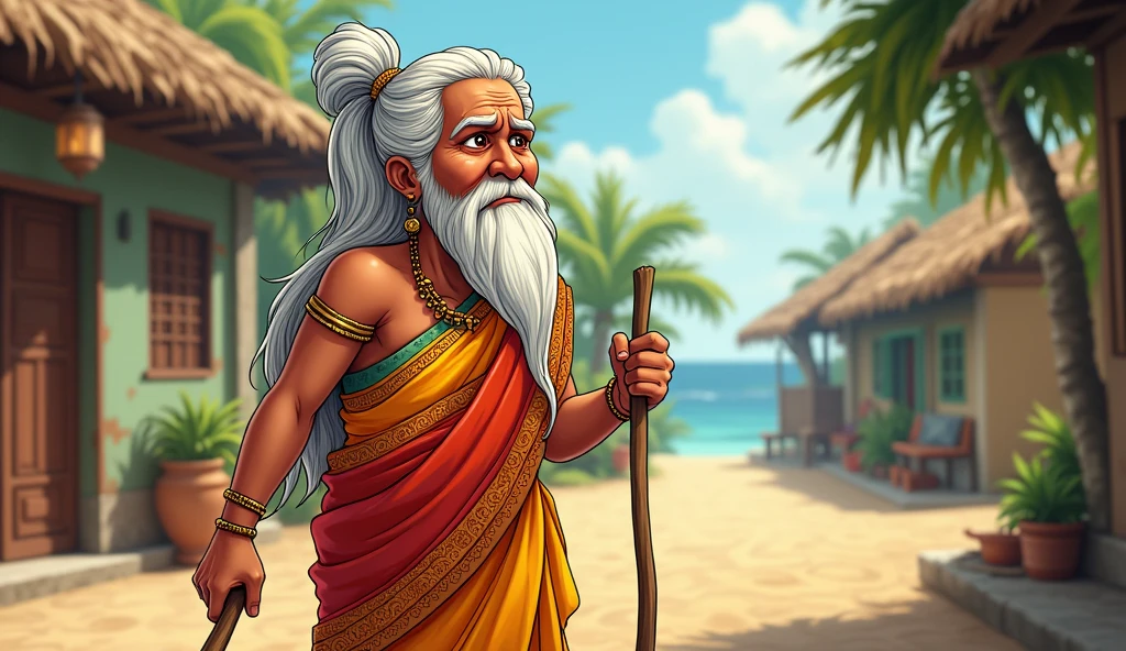 a close up of a cartoon man holding a bowl of food, inspired by Bapu, civ ghandi, inspired by Ram Chandra Shukla, wise old indian guru, game illustration, old asian village, ancient tribe, mobile game background, detailed game art, portrait of hide the pain harold, detailed game art illustration, mobile game art, background artwork