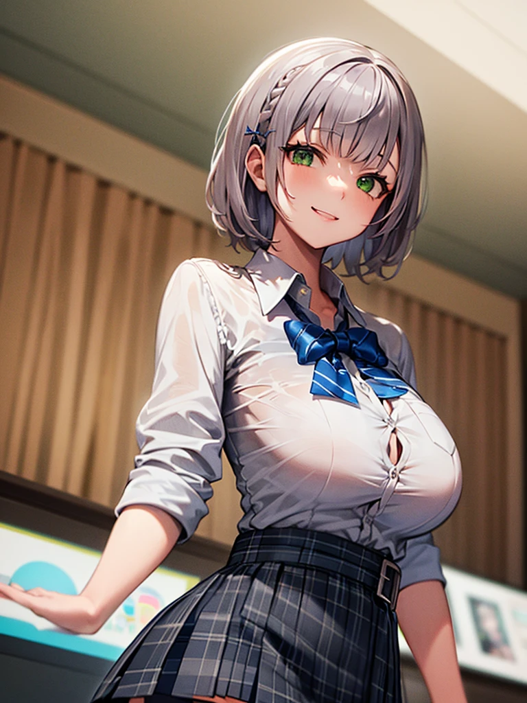 ((masterpiece, Highest quality, Super detailed)),8K,One girl,((super fine illustration)),((cute eyes,highly detailed skin)),((well endowed,Blessed,Captivating body、Detailed Background)) ,(see-through,Funoel, short hair, X Hair Ornament, Green Eyes, Blue bow tie, White shirt, Collared shirt, Black Skirt, Checked skirt, Pleated skirt, mini skirt,smile )