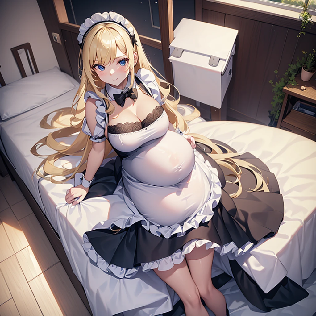 Solo Beautiful pregnant woman maid, mature, bunny ears, on a bed, white and black maid dress, blonde hair, pregnant, cleavage 