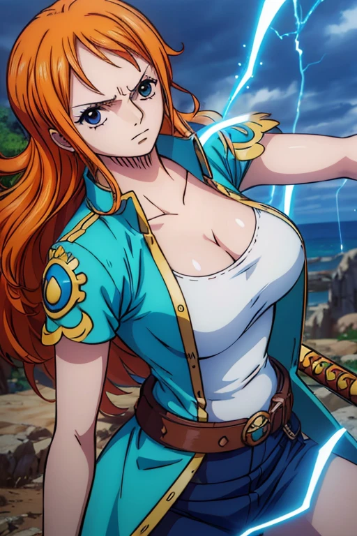  (Best Quality, 4K, 8k,  High Resolution , masterpiece:1.2), Super detailed, (Realistic, photoRealistic, photo-Realistic:1.37),  Preserving Anime Style ,Nami from One Piece,Brave look,Pale orange hair ,Left shoulder tattoo,Large Breasts, Female warrior, female knight,Holy Sword Knight Armor ,shield,Wield a blue sword,He is a capable thunder magic swordsman,aura, A World Where Blue Lightning and Light Shines,(The destructive power of a thunder magic sword )