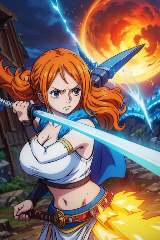  (Best Quality, 4K, 8k,  High Resolution , masterpiece:1.2), Super detailed, (Realistic, photoRealistic, photo-Realistic:1.37),  Preserving Anime Style ,Nami from One Piece,Brave look,Pale orange hair ,Left shoulder tattoo,Large Breasts, Female warrior, female knight,Holy Sword Knight Armor ,shield,Wield a blue sword,He is a capable thunder magic swordsman,aura, A World Where Blue Lightning and Light Shines,(The destructive power of a thunder magic sword )