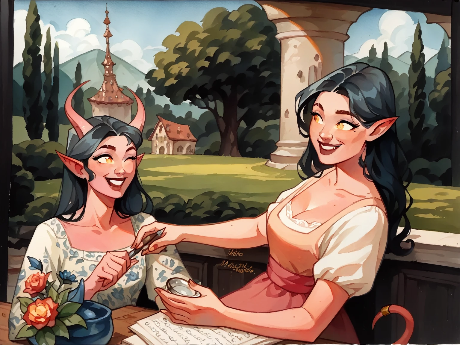 score_9, score_8_up, score_7_up, score_6_up, MulanXLP, hyper detailed, gouache painting:1.5, (a cute Tiefling girl and her mother:1.5), happy family scene, t4s14, beautiful horns, traditional media, watercolor, white background, warm pastel tones, blue vines and floral, aloof, cartoon, cute, endearing, portrait, Masterpiece, Anatomically Correct, Award Winning, Accurate, High Resolution, 