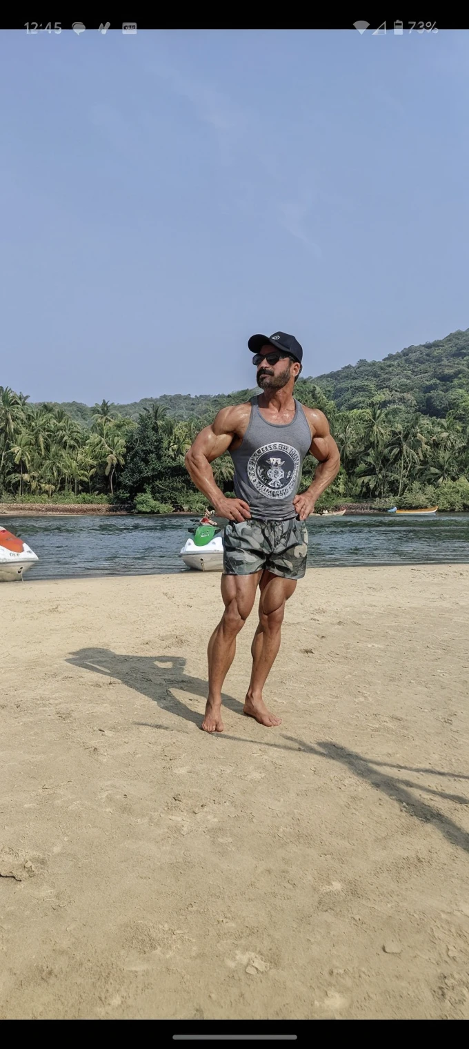ultra realistic, unreal engine 5, anatomically correct, Manny pacquiao, shave head, dark skin, ((black swim briefs)), poseflex, futuristic beach,