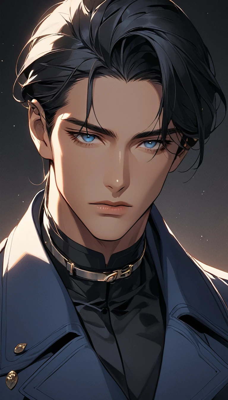 A semi-realistic anime-style man with a calm and composed expression. Age 27. He has long, sleek black hair, cool demeanor. His complexion is a healthy tan, with warm undertones that contrast nicely with his dark features. His face is sharp and symmetrical, defined by high cheekbones, a strong jawline, and a sharp, slightly pointed nose. His large, almond-shaped eyes are dark and deep, conveying a sense of observant calm, framed by thick, well-groomed black eyebrows. His expression is neutral, exuding quiet confidence as his full lips rest in a relaxed line. He wears a blue trench coat with subtle accents in dark blue, the collar slightly raised, framing his face. The lighting is soft yet dramatic, creating gentle shadows that enhance the contours of his facial structure, particularly around his cheekbones and jawline, giving him an air of mystery. Loose strands of long hair fall gracefully into the frame, adding a touch of dynamism while maintaining his composed demeanor. The background is blurred, featuring hints of an urban night setting, keeping the focus entirely on his captivating eyes and sharp features. The entire image radiates power, elegance, and a sense of introspective observation.