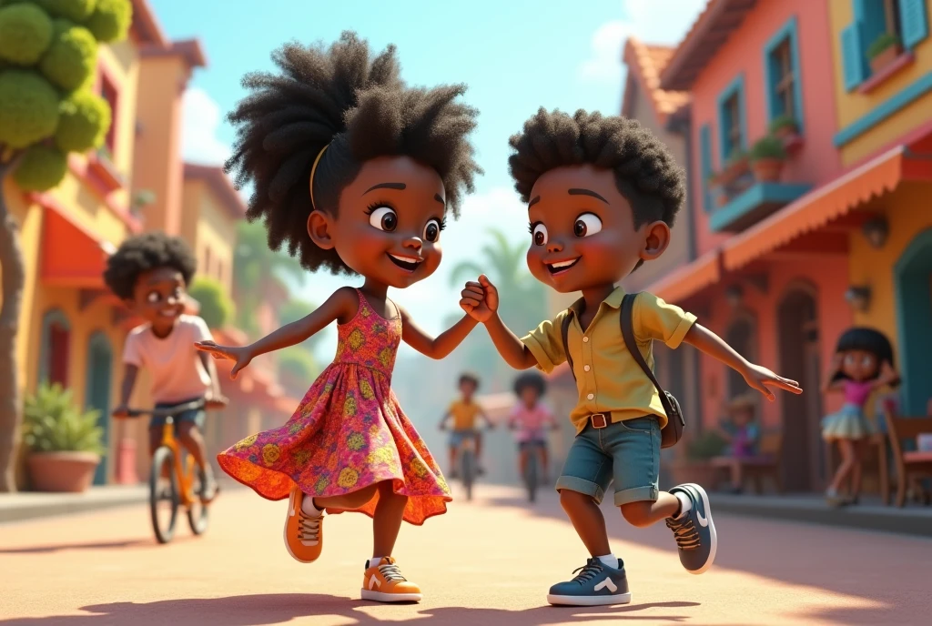 The image shows two 2-year-old twin girls, with curly hair and bright eyes. They are dressed in colorful, patterned clothes., typical for children of this age. The girls are playing in an outdoor space, with Morro da Formiga and Tijuca in the background. The scenery is vibrant, with simple and colorful houses typical of the region. The surrounding environment is cheerful and full of life., reflecting the energy and vivacity of the girls as they explore their surroundings.