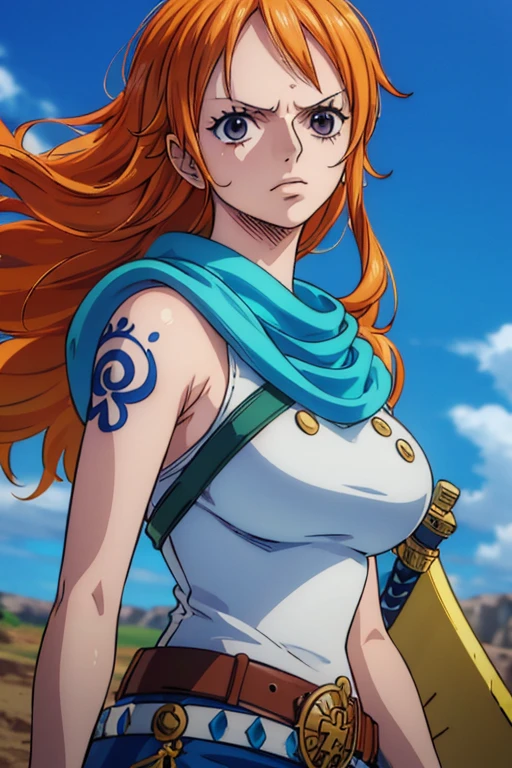  (Best Quality, 4K, 8k,  High Resolution , masterpiece:1.2), Super detailed, (Realistic, photoRealistic, photo-Realistic:1.37),  Preserving Anime Style ,Nami from One Piece,Brave look,Pale orange hair ,Left shoulder tattoo,Large Breasts, Female warrior, female knight,Holy Sword Knight Armor ,shield,Wield a blue sword,He is a capable thunder magic swordsman,aura, A World Where Blue Lightning and Light Shines,The destructive power of a thunder magic sword 