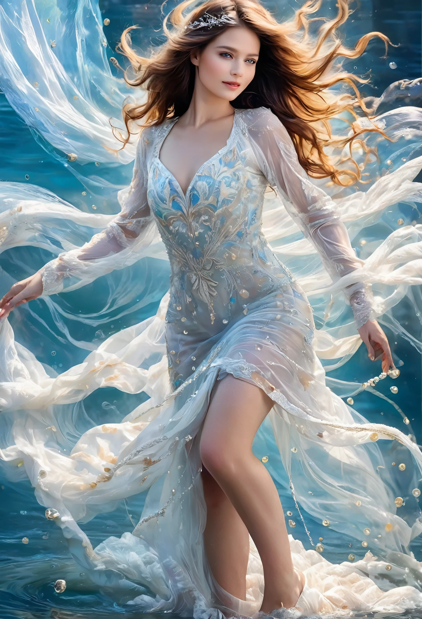 one girl tied up by another one with rope,(bright lighting,romantic setting),dreamy background,bondage,dark hair, mesmerizing gaze, , soft skin, alluring beauty, artistic portrait, high-quality image, vibrant colors, long silk gown, dressing room, (cocoon:1.4)