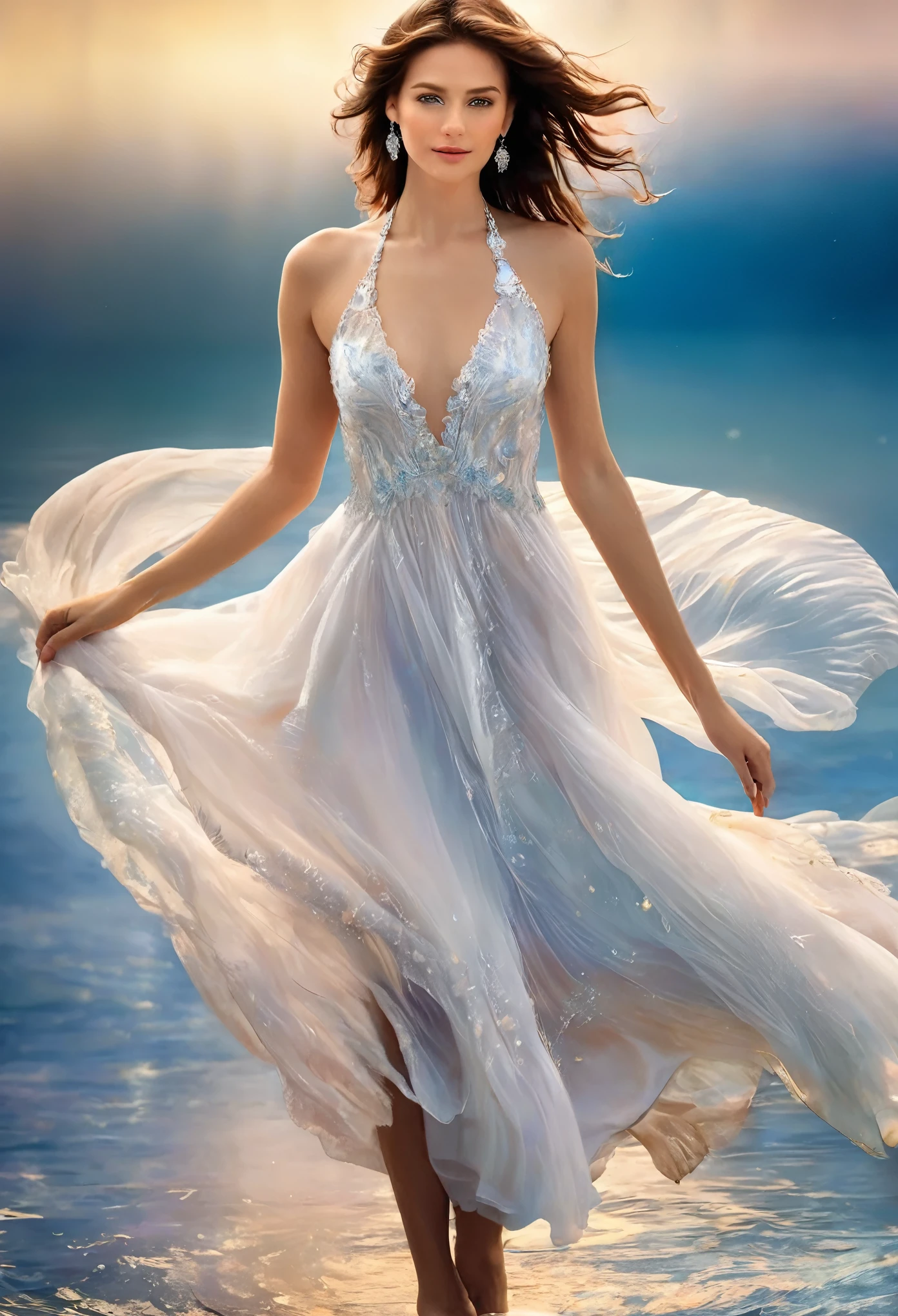 beautiful woman, dynamic pose , Smooth movement, (water, white very transparent dress with water pearls, stream of water, controlling water:1.2), smile, whole body, Thin press , face ultra-detailed, Detailed eyes , shining skin, shiny lips , , bushy eyes, detailed backgrounds , shades of blue, ethereal atmosphere , , (offcial art, Unity 8k papel de parede, ultra detailed, beautiful and aesthetic , master part , best quality :1.3), full height, full body , bare feet
