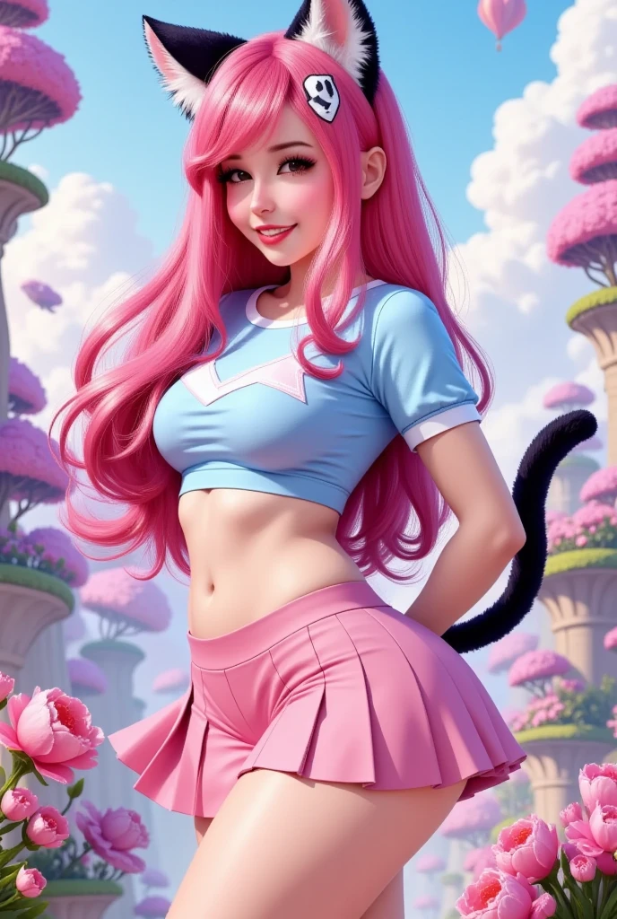 An anime illustration, flat colors, Thick lines, anime woman, belle delphine, wearing a light blue crop top, pink Pleated skirt and cat ears, in a fantasy world, posing with one arm in the back, leaning forward 