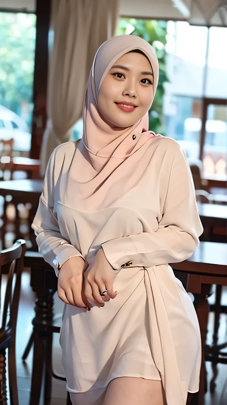 Masterpiece:1.2, high quality, best quality, high resolution, detailed, hyper realistic, 1 malay girl, wear baju kurung, in hotel balcony, bright short white hair, Shaggy Bob Haircut with Bangs, brown eyes, head tilt, sunset, Portrait, smile, showing teeth, (detailed face), ((sharp focus)), ((face)), upper body, mid shot portrait,