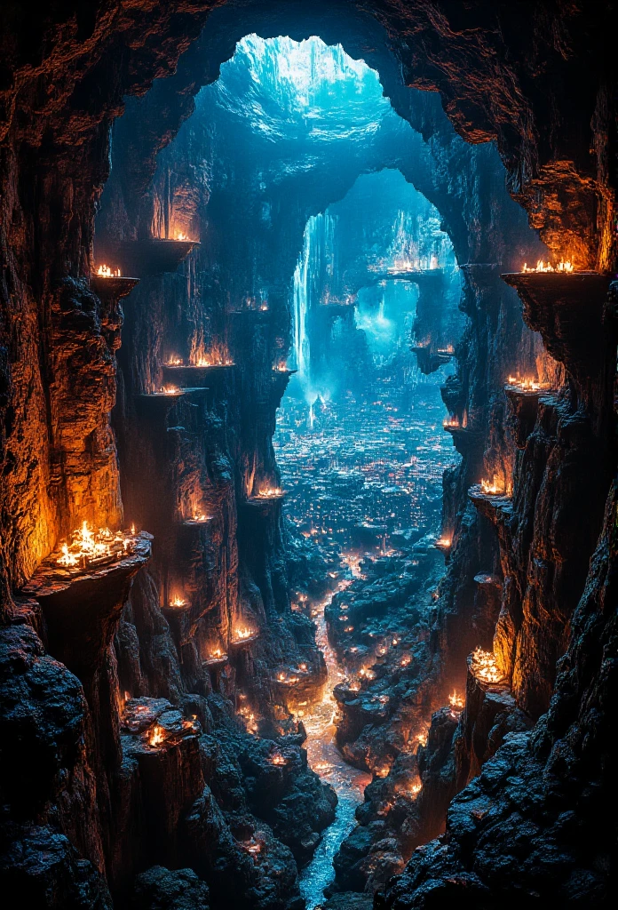 Cinematic view of Agartha, a secret underground mystical Metropolis, set a massive cavernous space,  Neon Graffiti, Pixel Art, Inverted Colors, Negative, Luminescence, RGB Lighting, From Above View, DLSR, Orange Color, Teal Color, Prism Effect, Ceramic, Supernatural, By Garald Brom,