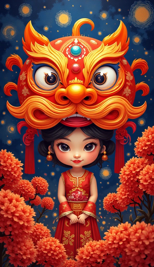 Large Peking Opera facial mask pattern background,simple atmosphere,funny pumpkin lantern carved lion headdress dress up,Chinese beautiful girl,cute and cute,girl Peking Opera facial makeup style,naughty and funny posture,small gourd waist hanging around the waist,small gourd waist showing auspicious clouds and thunder lines outline the "福" word carving,luminous particles,flowing light and shadow,movie feature,texture panorama,masterpiece,depth of field,ultra high definition,extreme detail,visual blockbuster,global illumination,