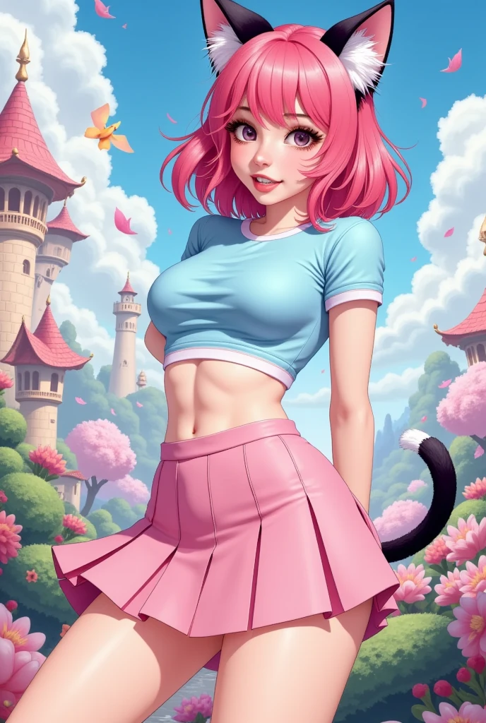 An anime illustration, flat colors, Thick lines, anime woman, belle delphine, wearing a light blue crop top, pink Pleated skirt and cat ears, in a fantasy world, posing with one arm in the back, leaning forward 