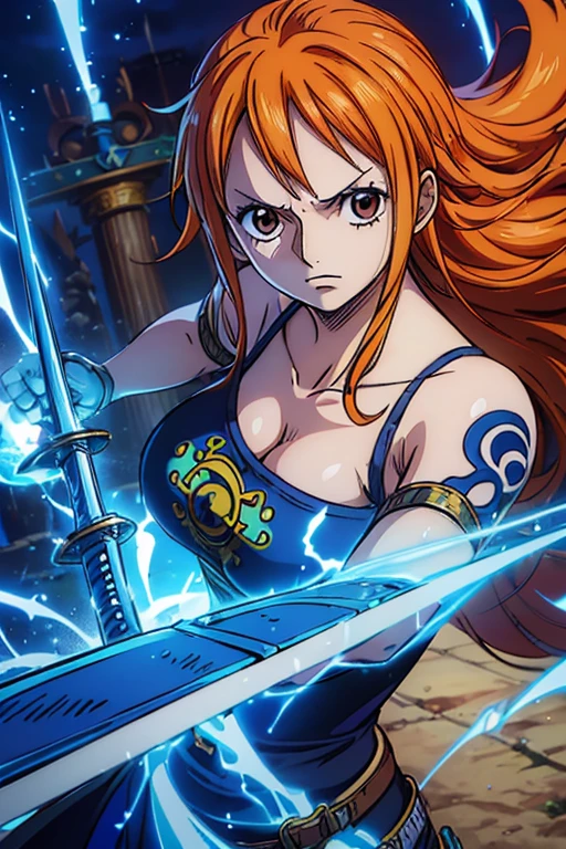  (Best Quality, 4K, 8k,  High Resolution , masterpiece:1.2), Super detailed, (Realistic, photoRealistic, photo-Realistic:1.37),  Preserving Anime Style ,Nami from One Piece,Brave look,Pale orange hair ,Left shoulder tattoo,Large Breasts, Female warrior, female knight,Holy Sword Knight Armor ,shield,Wield a blue sword,He is a capable thunder magic swordsman,aura, A World Where Blue Lightning and Light Shines,The destructive power of a thunder magic sword 