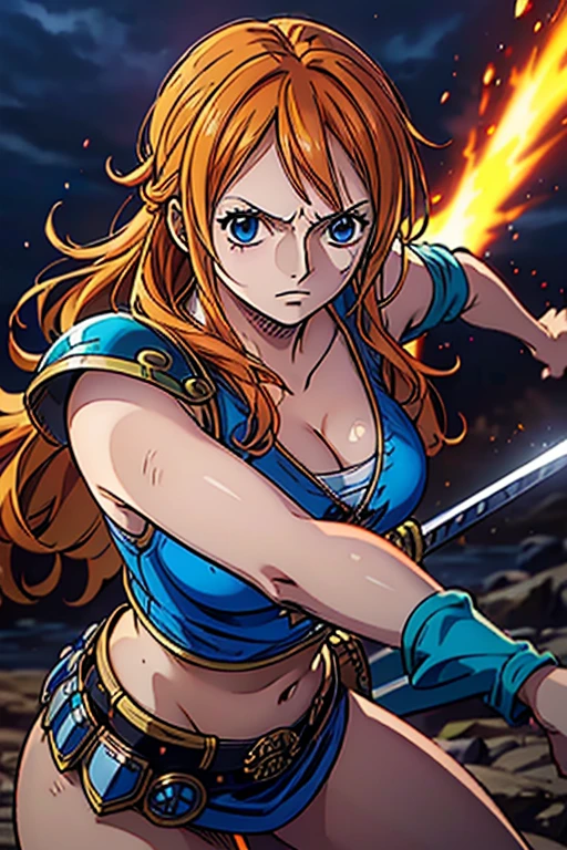  (Best Quality, 4K, 8k,  High Resolution , masterpiece:1.2), Super detailed, (Realistic, photoRealistic, photo-Realistic:1.37),  Preserving Anime Style ,Nami from One Piece,Brave look,Pale orange hair ,Left shoulder tattoo,Large Breasts, Female warrior, female knight,Holy Sword Knight Armor ,shield,Wield a blue sword,He is a capable thunder magic swordsman,aura, A World Where Blue Lightning and Light Shines,The destructive power of a thunder magic sword 