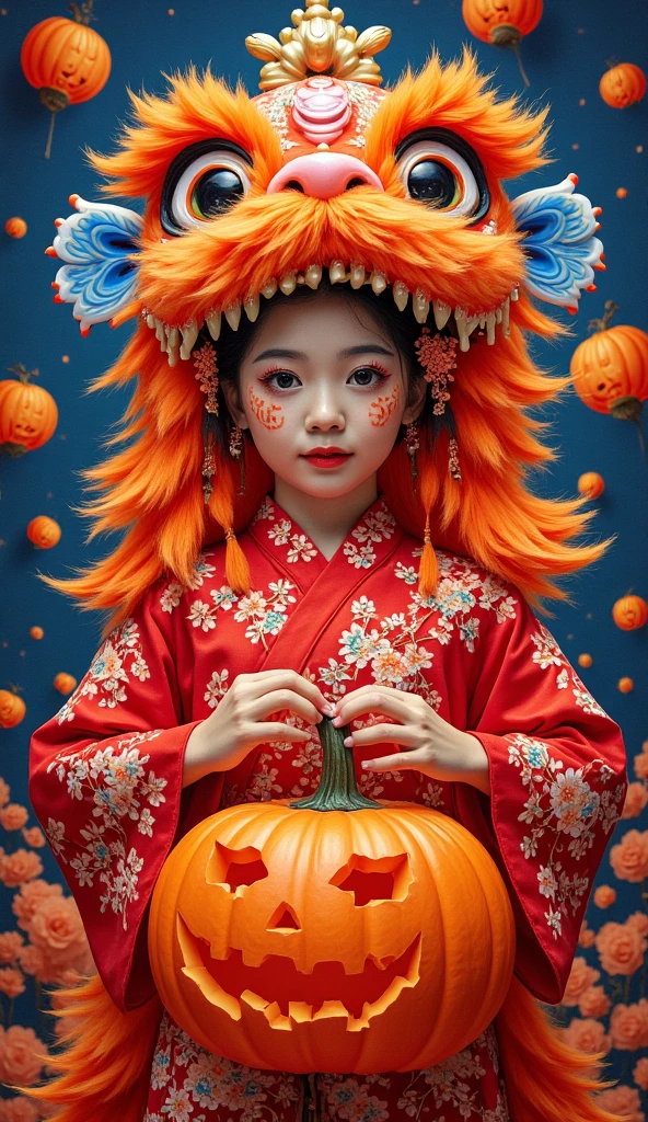 Large Peking Opera facial mask pattern background,simple atmosphere,funny pumpkin lantern carved lion headdress dress up,Chinese beautiful girl,cute and cute,girl Peking Opera facial makeup style,naughty and funny posture,small gourd waist hanging around the waist,small gourd waist showing auspicious clouds and thunder lines outline the "福" word carving,luminous particles,flowing light and shadow,movie feature,texture panorama,masterpiece,depth of field,ultra high definition,extreme detail,visual blockbuster,global illumination,