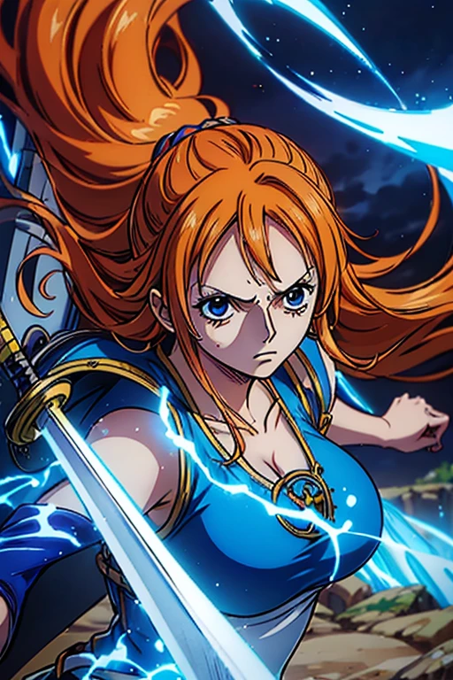  (Best Quality, 4K, 8k,  High Resolution , masterpiece:1.2), Super detailed, (Realistic, photoRealistic, photo-Realistic:1.37),  Preserving Anime Style ,Nami from One Piece,Brave look,Pale orange hair ,Left shoulder tattoo,Large Breasts, Female warrior, female knight,Holy Sword Knight Armor Outfit,shield,Wield a blue sword,He is a capable thunder magic swordsman,aura, A World Where Blue Lightning and Light Shines,The destructive power of a thunder magic sword 